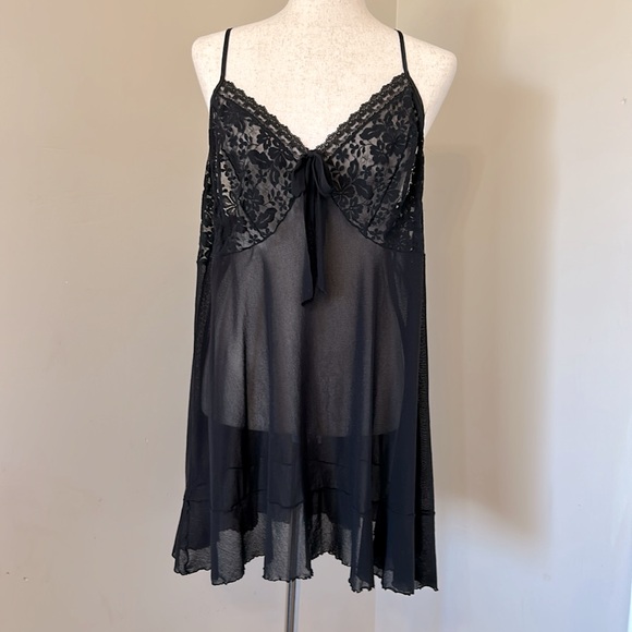 Cacique Black Sheer Lace Lingerie Nighty Woman 18/20 Bow Front Lettuce Hem Slip - Picture 6 of 12